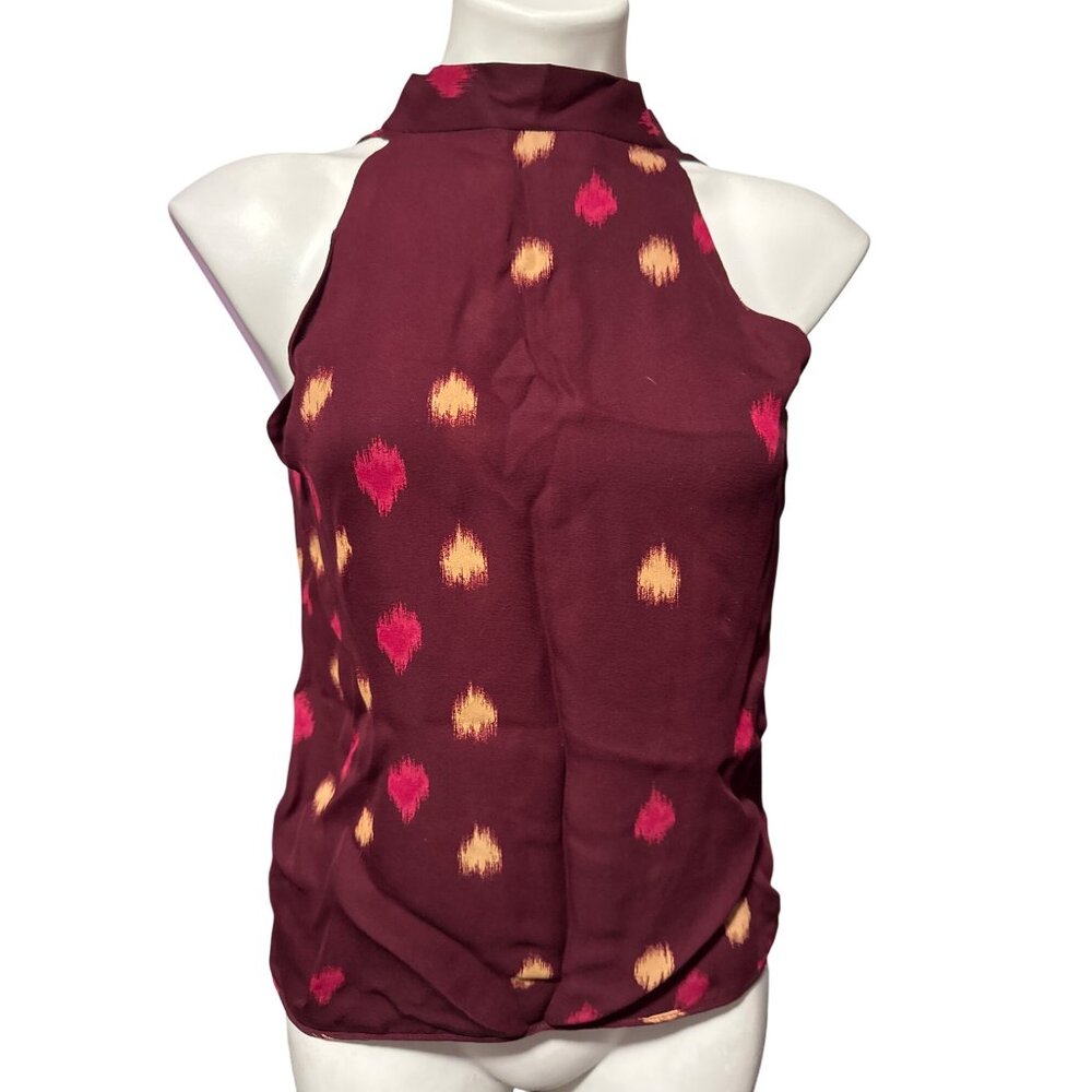 Parker Sleeveless Halter Top With Open Back & Tie Detail Burgundy With Gold & Pi